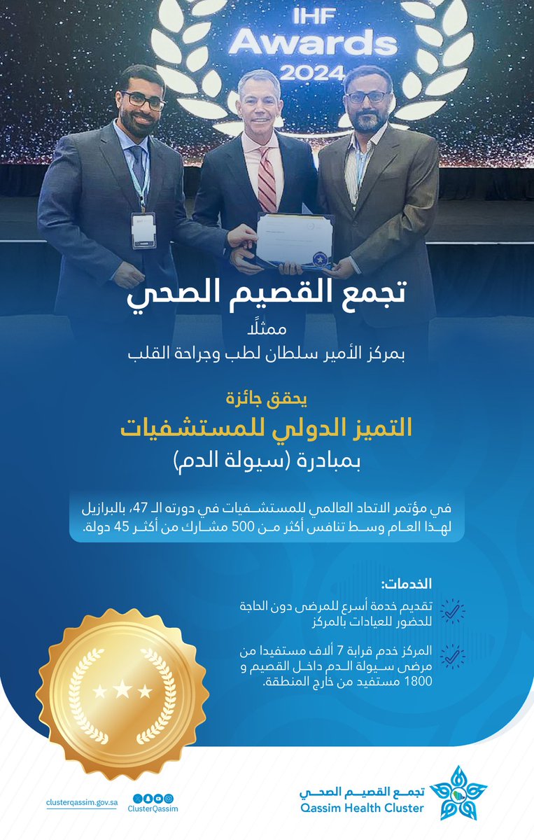 ClusterQassim's tweet photo. 💫
متفوقة على أكثر من 500 جهة مشاركة من 45 دولة ..

مبادرة سيولة الدم بمركز الأمير سلطان لطب وجراحة القلب بالقصيم تفوز بجائزة التميز الدولي، والذي تعكس مدى تميّز خدمات الرعاية الصحية في #تجمع_القصيم_الصحي المقدمة للمستفيدين. https://t.co/QL2lbD291I