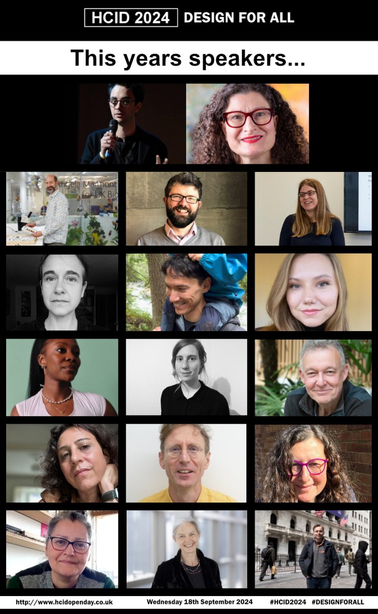 cinteractionlab's tweet image. We are excited to reveal our full speaker line-up for #HCID2024. Join us on Wednesday 18th September to explore the topic of &apos;#DesignForAll&apos;. With talks on #UX, #AX, #IxD, #Sustainability, #accessibility, #IA, #design  hcidopenday.co.uk cc @cityuni_hcid