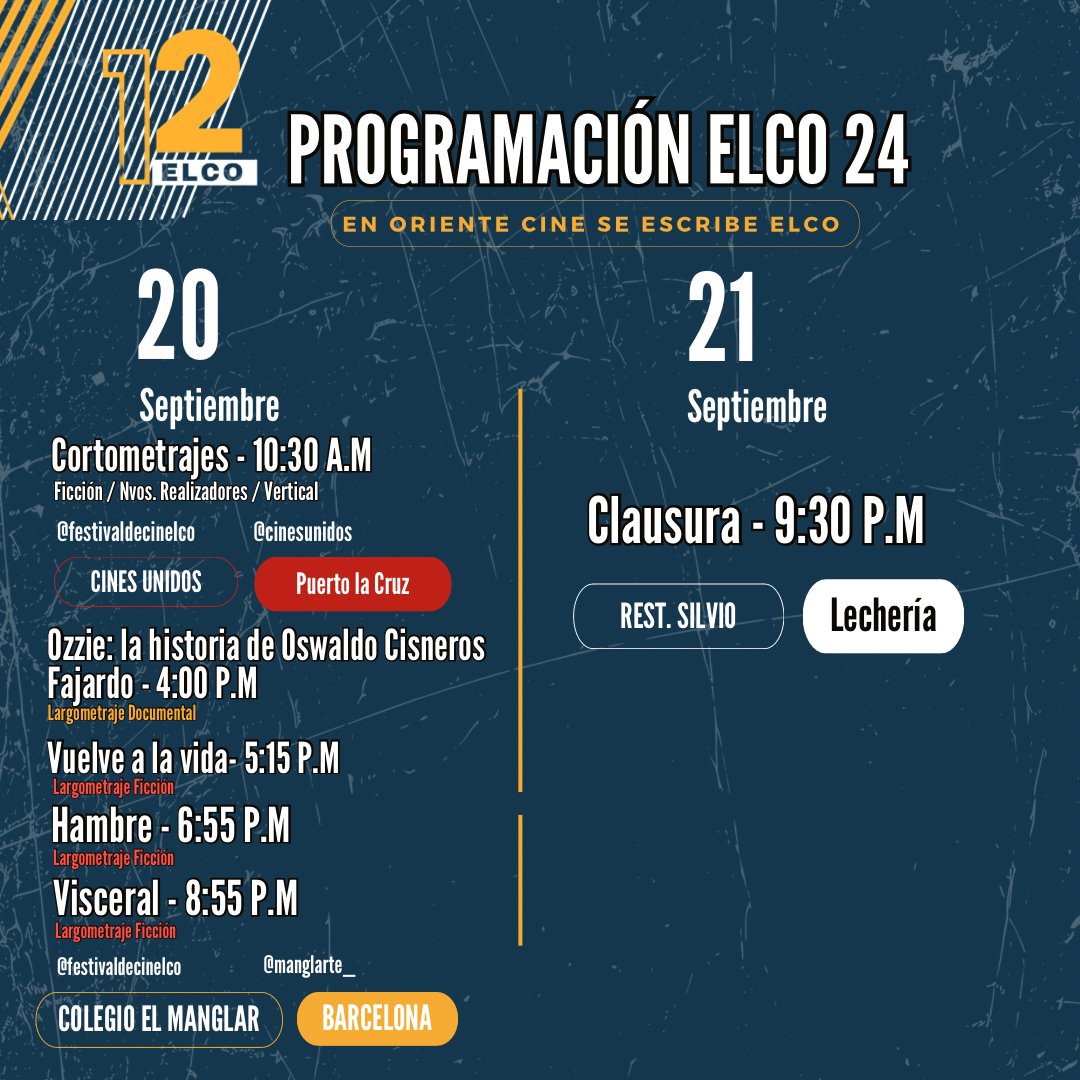 ¡Ten tu programación a la mano! 📲

Acá les dejamos los horario con todo lo que viene para esta edición 🎬

No te lo pierdas y recuerda que en Oriente CINE se escribe ELCO 🎞️