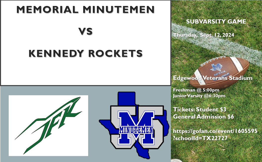 Paul Ortega (@coach_portega) on Twitter photo Come out and support our <a href="/EISDMemorialHS/">Memorial High School</a> <a href="/EISDofSA/">Edgewood ISD</a> SubVarsity Teams today at Edgewood Veterans! Freshman at 5pm followed by JV at 6:30pm! Go Minutemen!! #PlayToWin Click here for tickets! gofan.co/event/1605595?… Come out and support our <a href="/EISDMemorialHS/">Memorial High School</a> <a href="/EISDofSA/">Edgewood ISD</a> SubVarsity Teams today at Edgewood Veterans! Freshman at 5pm followed by JV at 6:30pm! Go Minutemen!! #PlayToWin Click here for tickets! gofan.co/event/1605595?…