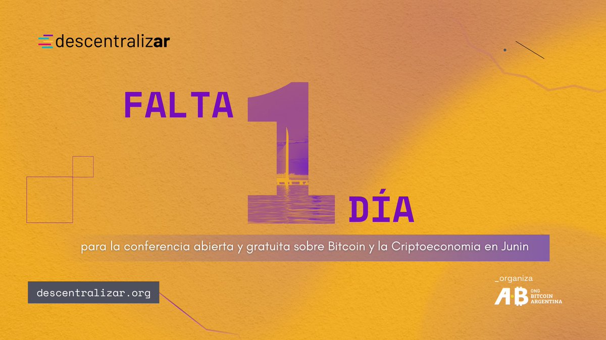 BitcoinAR's tweet image. #Descentralizar DÍA 2 en Junín 📍🌾🇦🇷 | ¡Falta muy poco para encontrarnos! ❤️

🤓 Estaremos disfrutando de una jornada de aprendizaje sobre #Bitcoin y la #Criptoeconomia de la mano de grandes referentes. 🎤 Directo desde 📍Teatro La Ranchería, Chacabuco 40, Junín.  | De 08:30 a