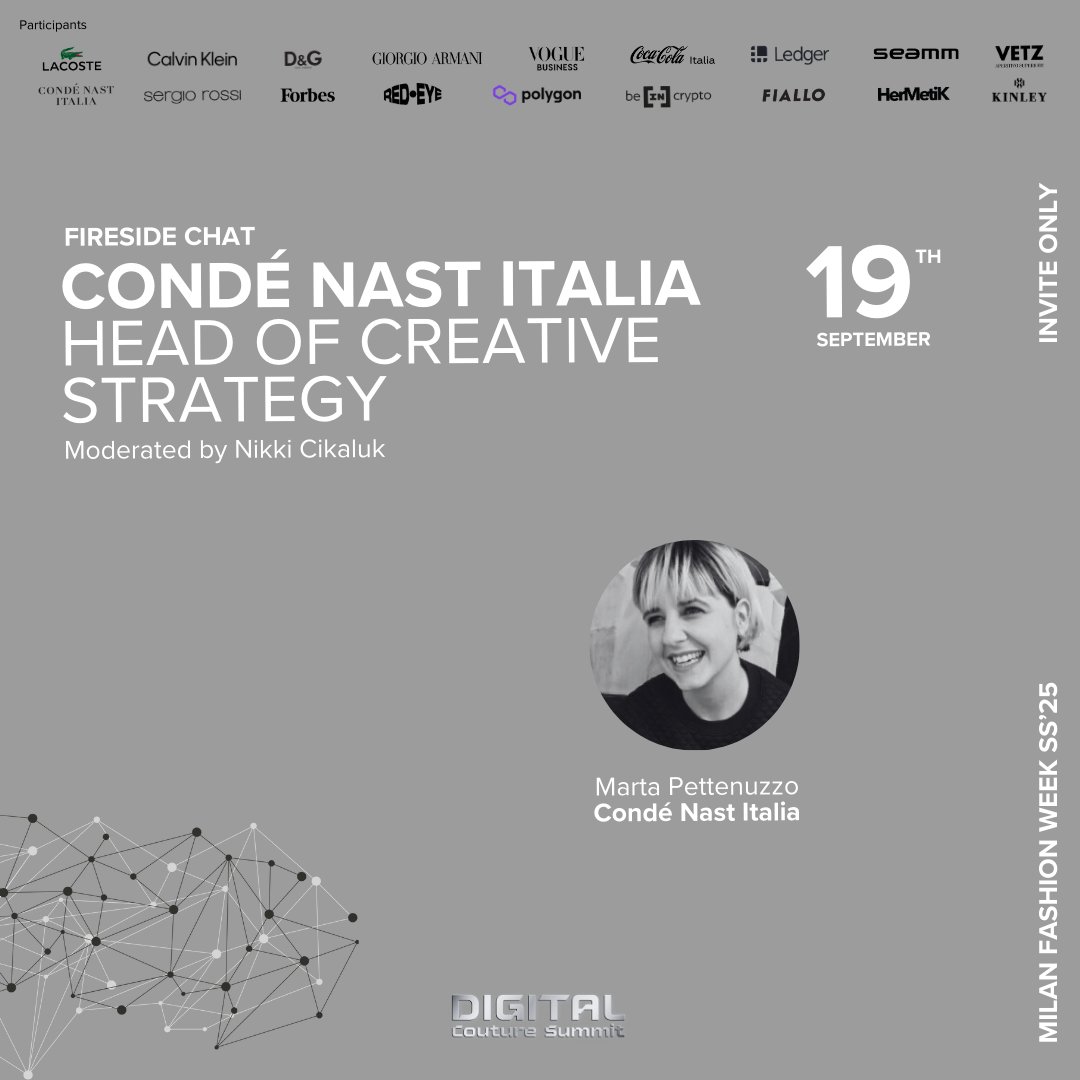 Digital Couture Summit (@_digitalcouture) on Twitter photo Talk Announcement
Digital Couture Summit is proud to announce a Fireside Chat w/ Condé Nast Italia Head of Creative Strategy at MFW SS'25 Edition 🖤
The fireside chat moderated by <a href="/cikaluk_n/">Nikki Ci-Ka-Luk</a> w/ Marta Pettenuzzo of <a href="/CondeNast/">Condé Nast</a> Italia will happen at 6.00pm Talk Announcement
Digital Couture Summit is proud to announce a Fireside Chat w/ Condé Nast Italia Head of Creative Strategy at MFW SS'25 Edition 🖤
The fireside chat moderated by <a href="/cikaluk_n/">Nikki Ci-Ka-Luk</a> w/ Marta Pettenuzzo of <a href="/CondeNast/">Condé Nast</a> Italia will happen at 6.00pm