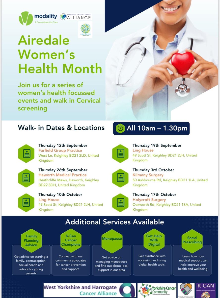 Out and about promoting cancer prevention services and women’s health support services today! Part of of women’s health month! <a href="/locala/">Locala Health & Wellbeing</a> <a href="/WYHCanAlliance/">West Yorkshire and Harrogate Cancer Alliance</a> <a href="/KHL_Keighley/">Keighley Healthy Living</a> <a href="/ActAsOneBDC/">Bradford District Craven Health & Care Partnership</a> <a href="/WYpartnership/">West Yorkshire Health and Care Partnership</a> <a href="/KimShutler/">Kim Shutler</a> <a href="/TheVCSAlliance/">The VCS Alliance: Registered Charity Number 119912</a>