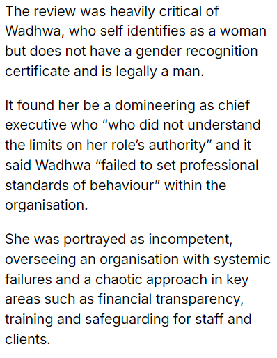 Reading this article that catalogues the failures of Mridul Wadhwa and it is staggering that it can acknowledge him to be a man and yet continues to refer to him as "she" and "her".
It was this kind of fallacious senselessness that led him to be head of that rape crisis centre.