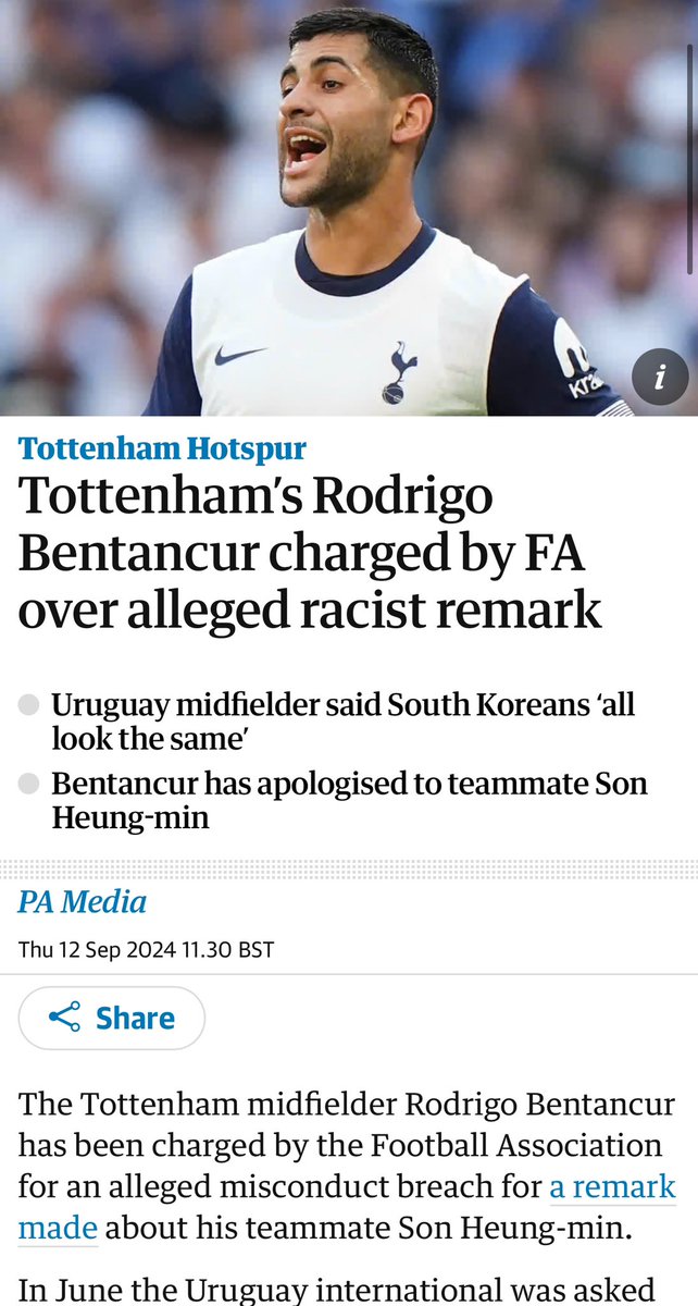 peterjlowes's tweet image. The Guardian using an image of the wrong South American on an article about Bentancur saying all South Koreans look the same is very Grauniad.