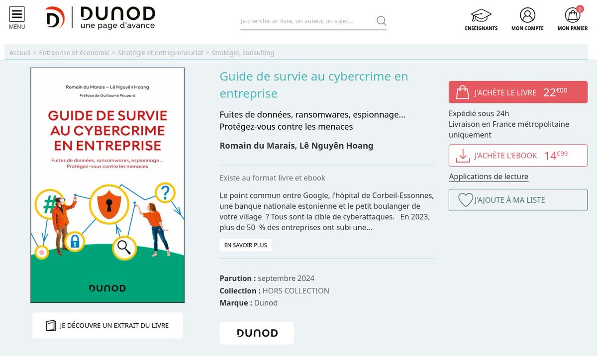 Lê Nguyên Hoang bsky.app/profile/science4all.org (@le_science4all) on Twitter photo Nouvelle parution !
Voici le Guide de #SurvieAuCybercrime en Entreprise, publié chez <a href="/dunod_editeur/">Dunod, Armand Colin, InterEditions et Maxima</a> co-écrit avec <a href="/Romain_PourInfo/">Romain du Marais</a> et préfacé par Guillaume Poupard, le Big Boss de la #cybersécurité en France.
dunod.com/entreprise-et-… Nouvelle parution !
Voici le Guide de #SurvieAuCybercrime en Entreprise, publié chez <a href="/dunod_editeur/">Dunod, Armand Colin, InterEditions et Maxima</a> co-écrit avec <a href="/Romain_PourInfo/">Romain du Marais</a> et préfacé par Guillaume Poupard, le Big Boss de la #cybersécurité en France.
dunod.com/entreprise-et-…