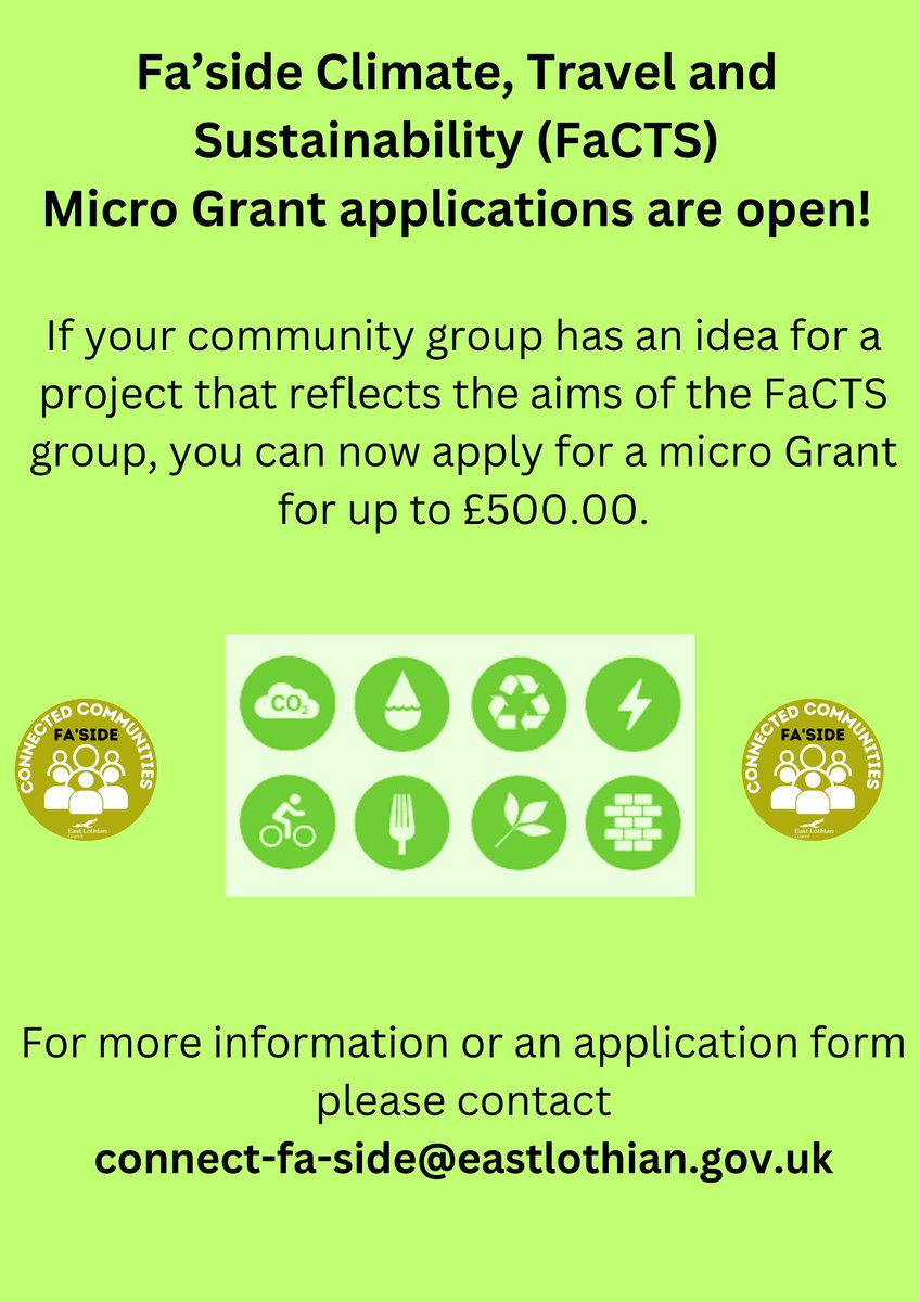 Connected Communities Fa'side (@connected_fa) on Twitter photo Fa'side Climate, Travel & Sustainability group invite you to apply for funding. Microgrants are available for up to Β£500 for projects that fit the groups aims.
To find out more, or to apply please contact Neil by email - connect-fa-side@eastlothian.gov.uk Fa'side Climate, Travel & Sustainability group invite you to apply for funding. Microgrants are available for up to Β£500 for projects that fit the groups aims.
To find out more, or to apply please contact Neil by email - connect-fa-side@eastlothian.gov.uk