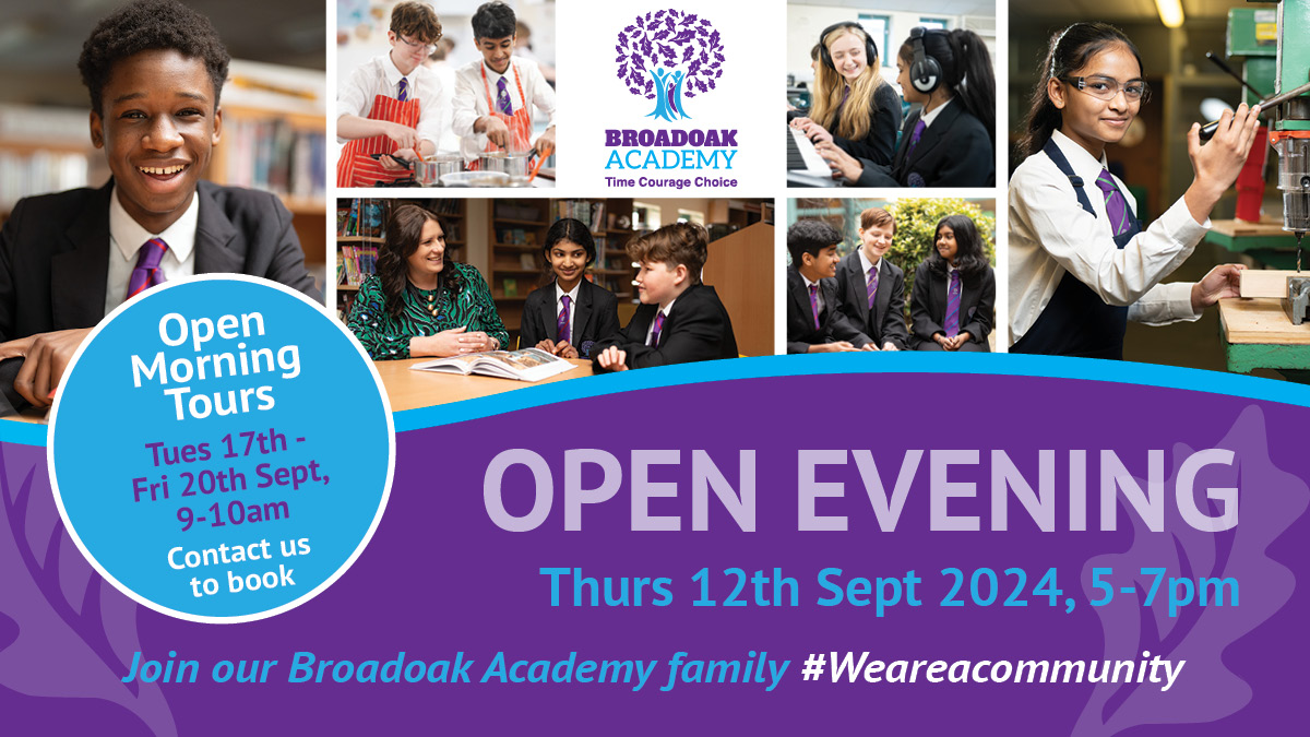We are really looking forward to seeing everyone at our Open Evening this evening - It's set to be an amazing event!
Due to the expected number families due to attend, please can cars be parked on Broadoak Road where possible.

#timecouragechoice #weareacommunity #broadoakacademy
