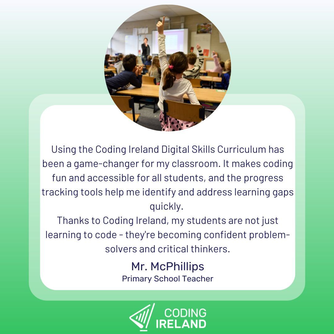 codingireland's tweet image. Hear how our platform is making coding easy and fun for primary classrooms! 🌟 Coding Ireland’s step-by-step lessons are perfect for young learners and their teachers. Explore our curriculum today! 💻
#CodingIreland #PrimaryEducation #TeachCoding #ClassroomTech #STEMEducation…