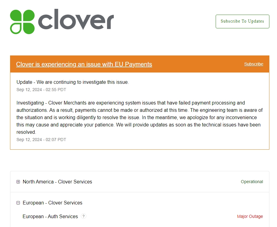 🚨 Due to a Europe-wide outage with our payment provider, all of our sites are currently cash only.

Please bring cash if you're visiting.

We're monitoring the situation https://status.clover.comand will update you as soon as we're back online.

Thanks for your understanding.