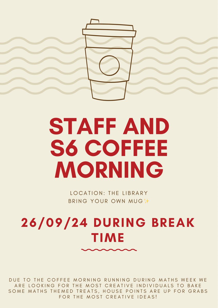 CVHS School Captains (@cvhsschoolcaps) on Twitter photo All members of Staff and S6 pupils are invited to the coffee morning☕️ Inform any captains before 26/09/24 if you are planning on bringing in any maths related treats to win points for your house✨Goodluck! #mathsweek #coffeemorning <a href="/ClydeValleyHS/">Clyde Valley High School</a> All members of Staff and S6 pupils are invited to the coffee morning☕️ Inform any captains before 26/09/24 if you are planning on bringing in any maths related treats to win points for your house✨Goodluck! #mathsweek #coffeemorning <a href="/ClydeValleyHS/">Clyde Valley High School</a>