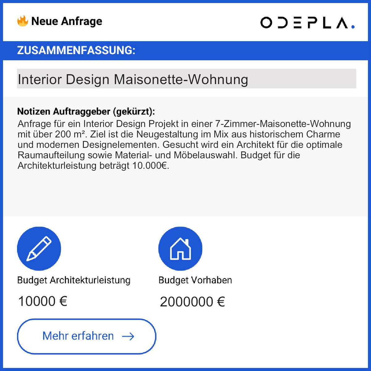 Projekt: Interior Design für 7-Zimmer-Maisonette. 200 m² Altbau, Architekt für Raumaufteilung und Materialwahl gesucht. Budget: 10.000€. Kontakt: app.odepla.de/register.✨