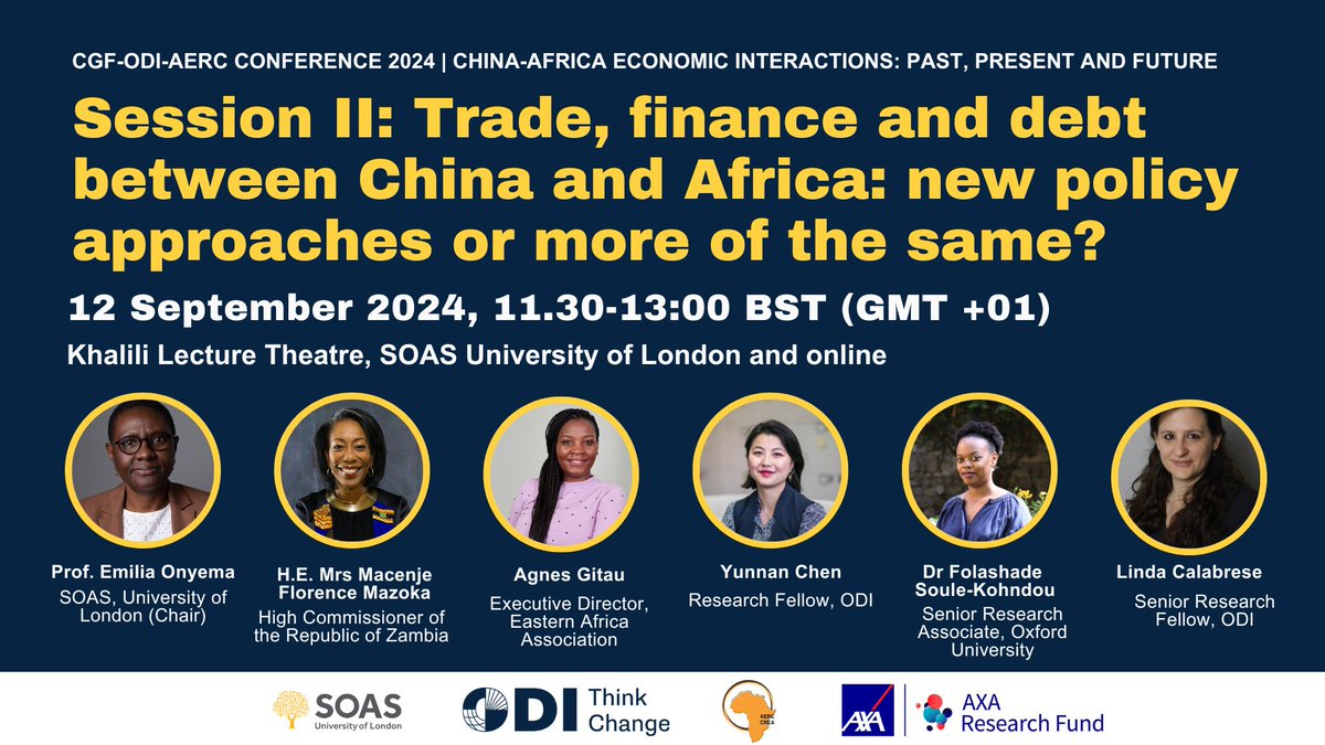 ODI Trade | @odi-trade.bsky.social (@odi_trade) on Twitter photo The first panel discussion at the CGF-ODI-AERC Conference on #ChinaAfrica Economic Interactions is underway.
Chair: Prof. Emilia Onyema
Panellists: H.E. Macenje F. Mazoka (<a href="/ZambiaHigh/">Zambia High Commission London</a>), <a href="/AgnesGitau/">AgnesG</a>, <a href="/YunnanChen/">Yunnan Chen 陈韵楠</a>, <a href="/folasoule/">Folashade Soule</a> & <a href="/lindacalab/">Linda Calabrese 姜琳达</a>
🔴Watch live: odi.org/en/events/cgf-… The first panel discussion at the CGF-ODI-AERC Conference on #ChinaAfrica Economic Interactions is underway.
Chair: Prof. Emilia Onyema
Panellists: H.E. Macenje F. Mazoka (<a href="/ZambiaHigh/">Zambia High Commission London</a>), <a href="/AgnesGitau/">AgnesG</a>, <a href="/YunnanChen/">Yunnan Chen 陈韵楠</a>, <a href="/folasoule/">Folashade Soule</a> & <a href="/lindacalab/">Linda Calabrese 姜琳达</a>
🔴Watch live: odi.org/en/events/cgf-…
