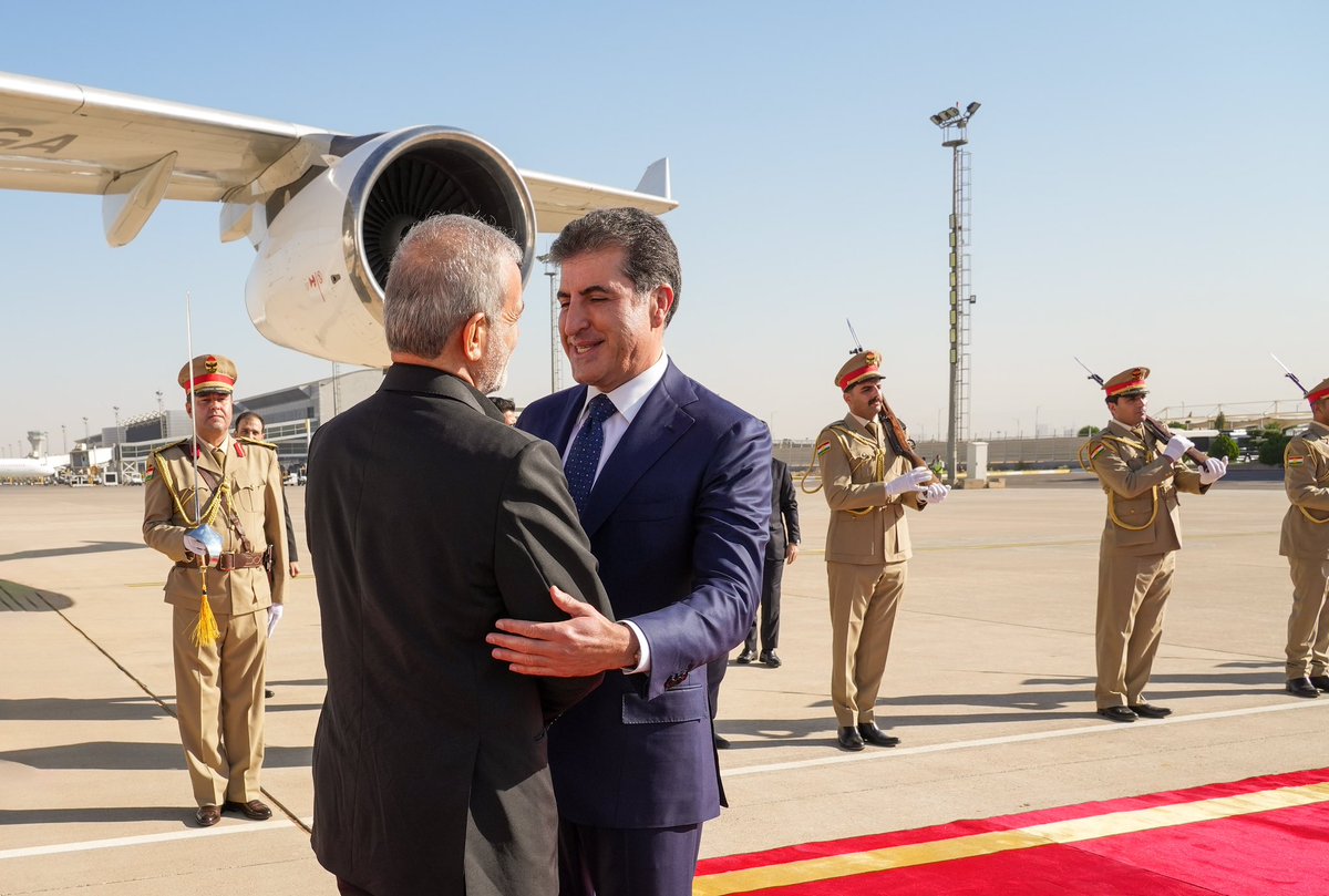 IKRPresident's tweet photo. I am delighted to welcome Dr. Masoud Pezeshkian to Kurdistan and Iraq on his first official visit abroad as President of the Islamic Republic of Iran. 

Our discussions were constructive, focusing on strengthening relations between the Kurdistan Region, Iraq, and Iran, based on mutual interests and a shared commitment to regional stability.