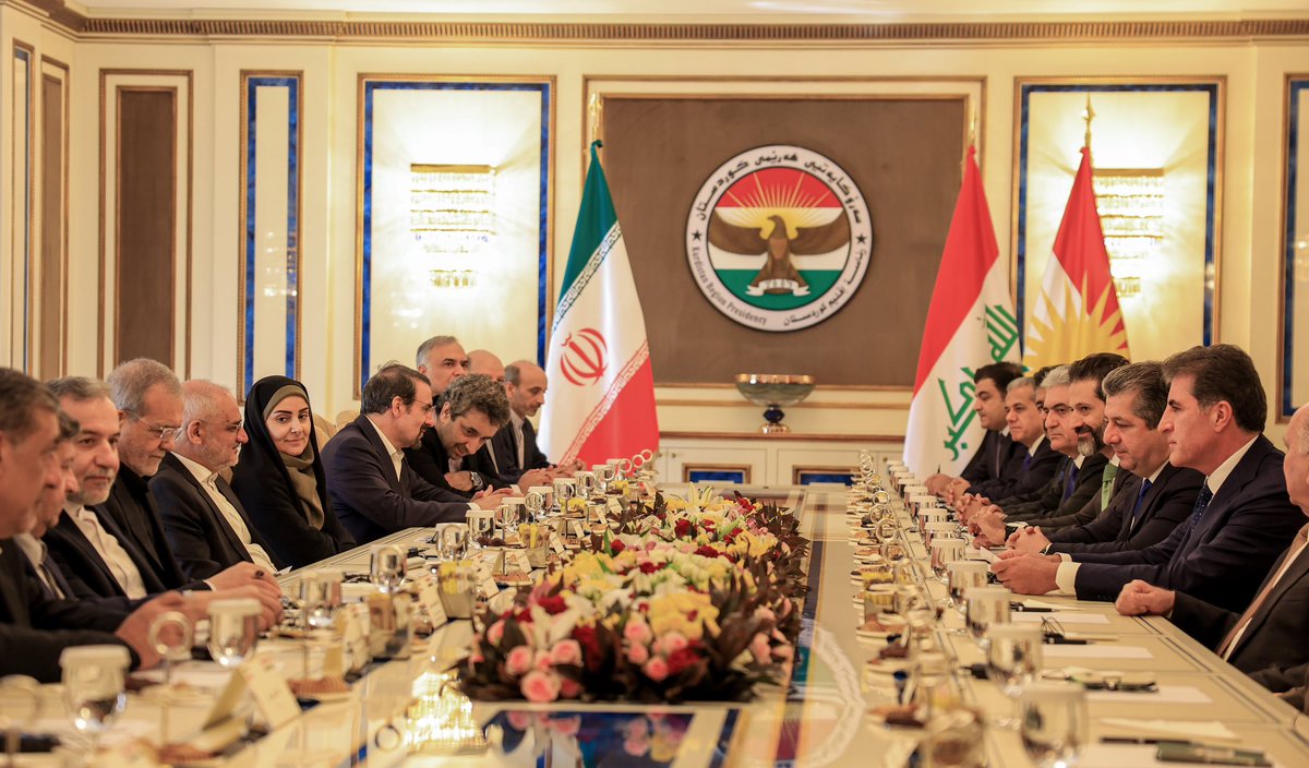 IKRPresident's tweet photo. I am delighted to welcome Dr. Masoud Pezeshkian to Kurdistan and Iraq on his first official visit abroad as President of the Islamic Republic of Iran. 

Our discussions were constructive, focusing on strengthening relations between the Kurdistan Region, Iraq, and Iran, based on mutual interests and a shared commitment to regional stability.