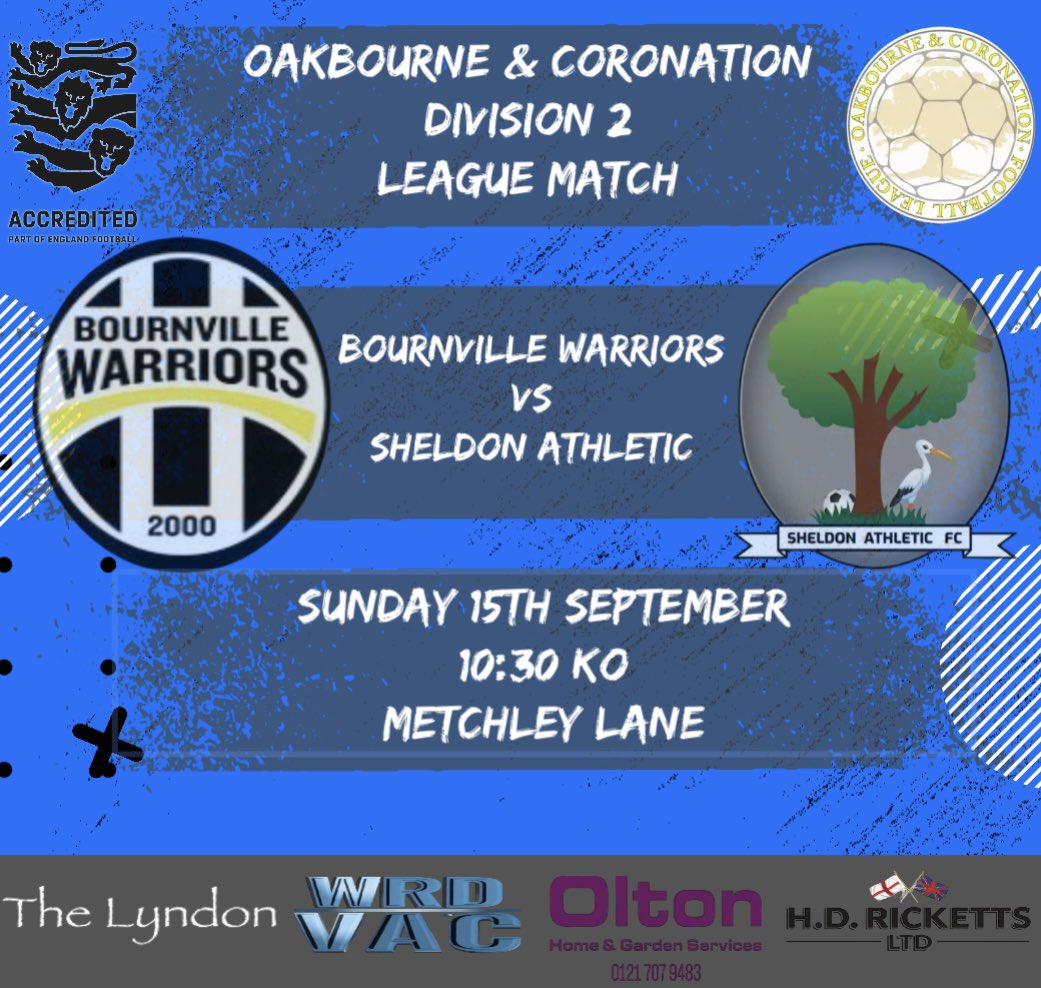 GAME DETAILS 📝 

🏆 <a href="/Oak_Coro_League/">Oakbourne & Coronation League</a> Division 2
🆚 <a href="/BVWarriors/">Bournville Warriors</a> 
🗓️ Sunday 15th September
⏰ 10:30 KO
📍 Metchley Lane

Sheldon return to league action Sunday as we take on Bournville away from home 🤝🏼

#UPTHESHELDON💙🖤