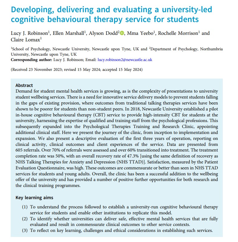 tCBT & BCP are on BlueSky etc (@thecbtjournal) on Twitter photo tCBT new paper: Developing, delivering and evaluating a university-led cognitive behavioural therapy service for students
Full free text at cambridge.org/core/journals/… tCBT new paper: Developing, delivering and evaluating a university-led cognitive behavioural therapy service for students
Full free text at cambridge.org/core/journals/…