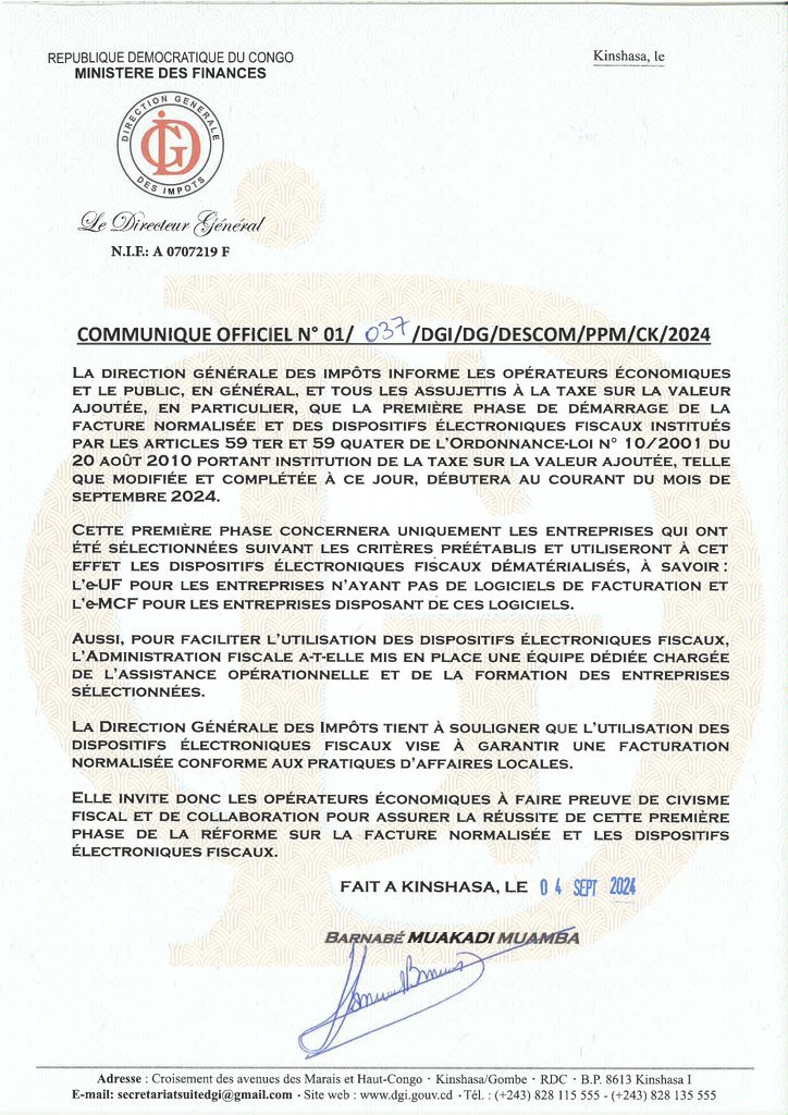 FutaMpako's tweet photo. Urgent ‼️ La Direction Générale des Impôts annonce le lancement en septembre 2024 de la première phase de la facture normalisée et des dispositifs électroniques fiscaux. 
#RéformeFiscale  
#FactureNormalisée  
#DispositifsÉlectroniques  
@financesrdc @LikundeR https://t.co/ll3bsPHJQw