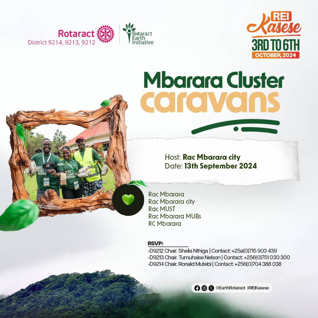 RCTMbararaCity's tweet image. Joint Fellowship Friday with Rotaract Clubs around Mbarara! 🎉
Date: 📅 This Friday
Time: 🕕 6 PM - 7 PM
Venue: 📍 CPP Rotary House
Event: Joint Fellowship for the REI Kasese Caravan

Get ready for an exciting gathering as we join forces with fellow Rotaract Clubs from  Mbarara!