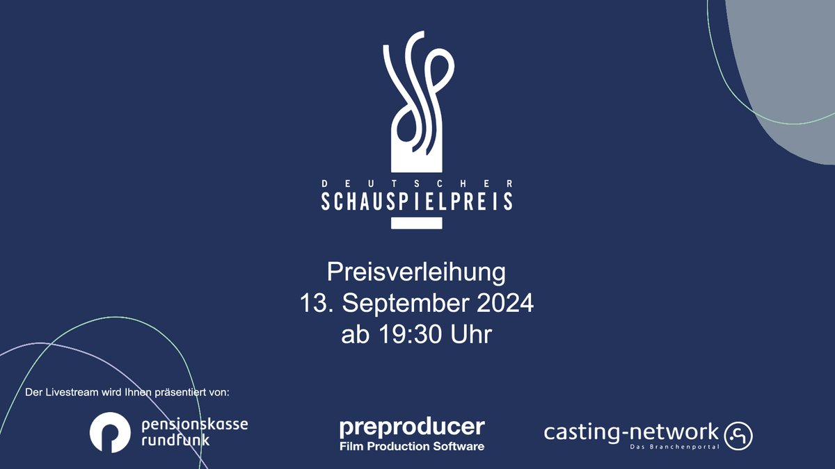 PreProducer's tweet image. Wir freuen uns, auch in diesem Jahr wieder gemeinsam mit unseren Partnern Pensionskasse Rundfunk und Casting Network den Livestream zur Verleihung des Deutschen Schauspielpreises sponsern zu dürfen. Am 13. September um 19:30 Uhr geht's los.
Link: dk2wss784le25.cloudfront.net/.../default/em…
