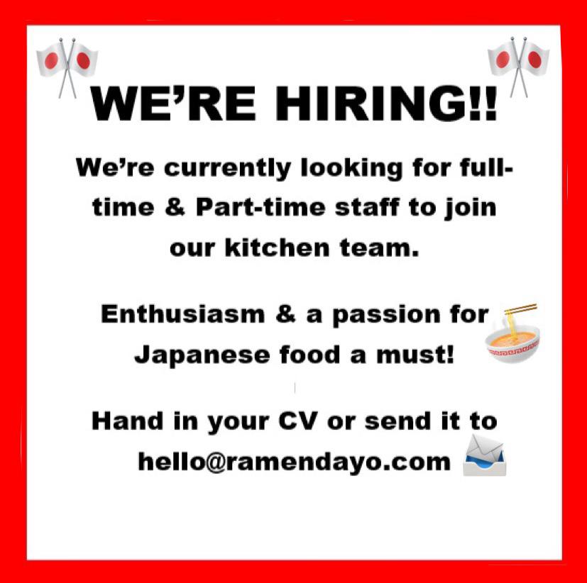 Keen to join our team? Or know someone who might be? Share this amongst your friends and send your CV's to us at hello@ramendayo.com.🏮

#glasgow #glasgowjobs #jobsinglasgow