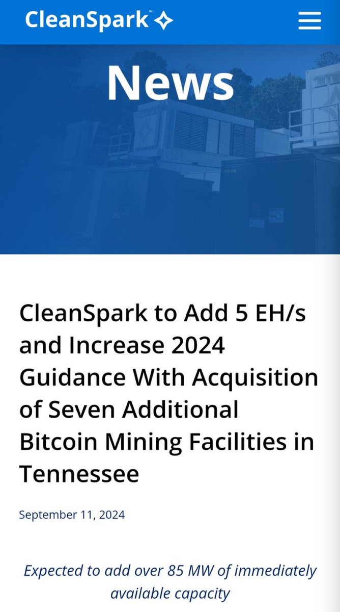 _charge_stack's tweet photo. $CLSK @Cleanspark continues to grow - acquires 7 additional facilities and land in TN. New 37 EH/s 🎯 by EOY

• Closing by 9/25

• Installing S21 Pros and adding 5 EH/s - increasing 2024 Guidance from 32 EH/s to 37 EH/s by EOY

• 85 MW total - sites range from 10-20 MW https://t.co/1RUnWrCys6