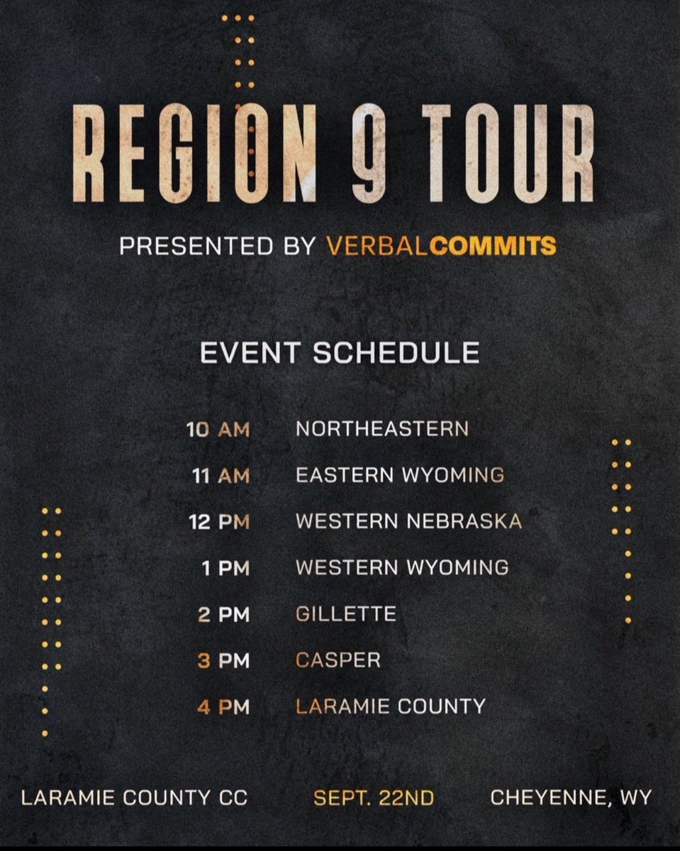 4 YEAR COACHES - Don’t miss out on a ton of talent all under one roof at the Region 9 Tour.

Sept 22nd

Laramie County CC in Cheyenne WY