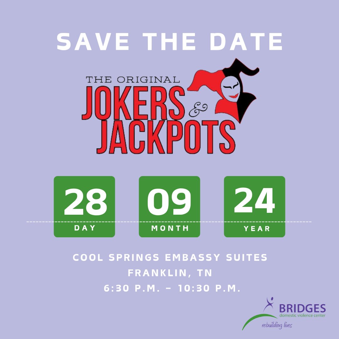 BridgesDVC's tweet image. 🃏🌟 Save the date! Join us for the Annual Jokers &amp;amp; Jackpots Gala on Sept 28th, 6:30-10:30 PM at Cool Springs Embassy Suites, Franklin, TN. Tickets $150. Support survivors of domestic violence. Get yours: ow.ly/bfMh50SNryr 💜 #GalaEvent #SupportSurvivors #BridgesDVC