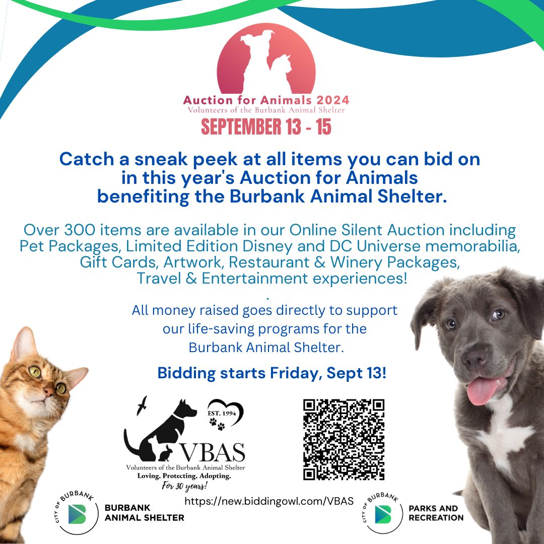 🐕🐾 The 2024 Auction for Animals begins online at 8AM PST on Friday, September 13th! All proceeds go directly to supporting life-saving programs at the Burbank Animal Shelter.

🔗 View items up for auction now at: new.biddingowl.com/VBAS