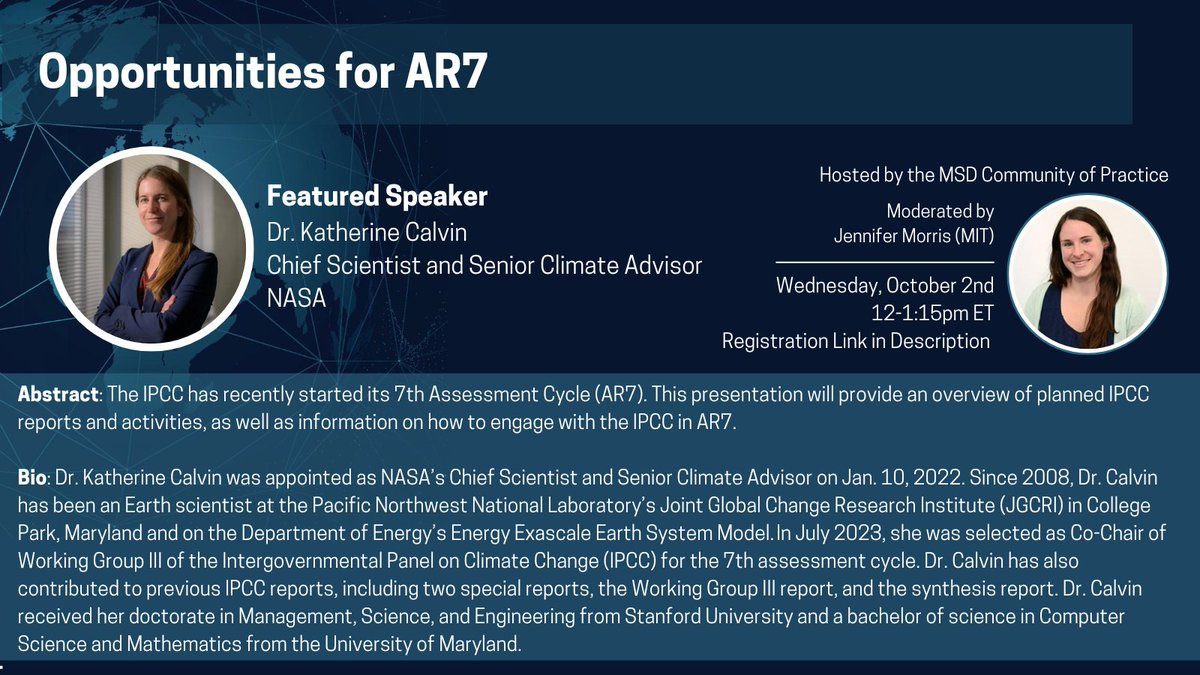 Join us on October 2nd from 12-1:15PM ET for an in-depth discussion on Opportunities for AR7 with NASA's Dr. Katherine Calvin! Sign up at cornell.zoom.us/meeting/regist…