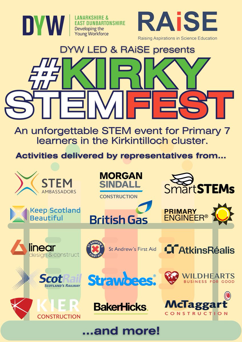 Less than two weeks to go until #KirkySTEMFest for P7 learners in primary schools in <a href="/KirkintillochHS/">KHS</a> cluster. <a href="/DYWLED/">DYW Lanarkshire & East Dunbartonshire</a> and I can't wait to see everyone on the day! Exciting activities planned from all exhibitors below and more. <a href="/Rebeccarubynor/">Rebecca McMillan DYWLED</a> #PowerfulPartnerships <a href="/RaiseScotland/">RAiSE</a>