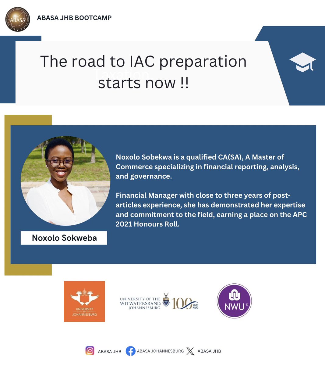 ABASAJHB's tweet photo. 🚀 The Road to IAC Preparation Starts Now!
Meet our tutor for this weekend’s bootcamp! Get to know Ms Noxolo Sokweba
It will end in CA(SA)
#Sinawe #WalkingTheJourneyWithYou
#ABASAJHB #InspireInnovateImpact https://t.co/38nPt5qNNC