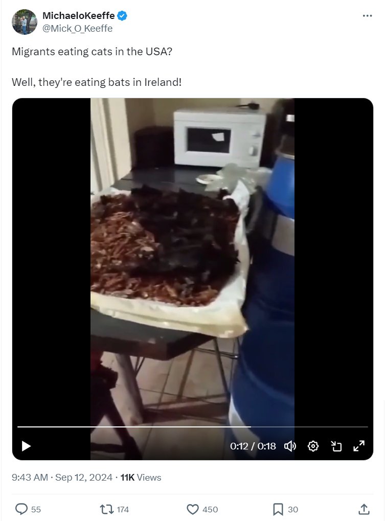 Care2much18's tweet photo. "Migrants eating cats in the USA? Well, they're eating bats in Ireland!"

O'Keeffe shares an 18 second video to support the claim "migrants are eating bats in Ireland!"

I noticed 3 slight problems with that claim... 🧐

It's not in Ireland, they aren't bats, nobody is eating it. https://t.co/HfGMPvY9e7