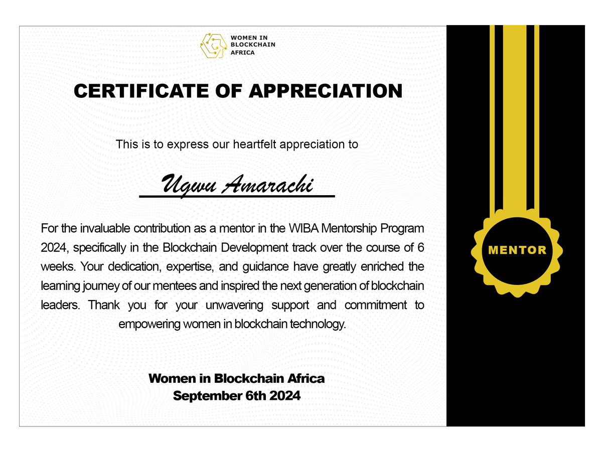 amarachiugwu_'s tweet photo. It was a true pleasure to mentor women in the blockchain development track for the @WIB_Afric mentorship program.

I am always delighted to empower and support women in their careers by sharing my knowledge and experience. 

#mentor #blockchain #web3lady #wiba #wtm #wtmambassador https://t.co/9wb6exWA8y