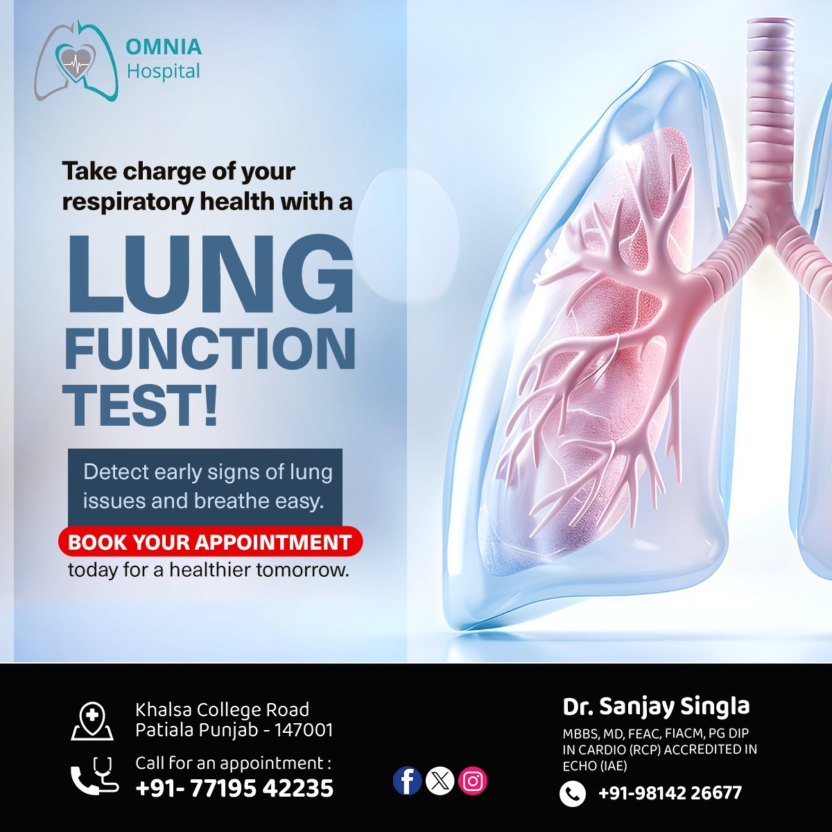 OmniaHospital's tweet image. Take charge of your respiratory health with a Lung Function Test!

Detect early signs of lung issues and breathe easy.

Book your appointment today for a healthier tomorrow.

Meet Our Specialist: 7719542235 / 9814226677

#RespiratoryHealth #LungFunctionTest #Lung #OmniaHospital