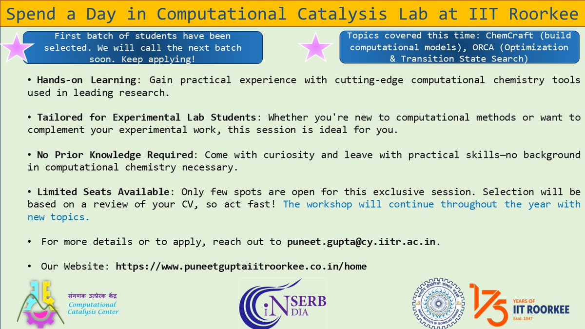 &gt; First batch of students have been selected. We will call the next batch soon. Keep applying!

&gt; Topics covered this time: ChemCraft (build computational models), ORCA (Optimization &amp; Transition State Search)

&gt; The workshop will continue throughout the year with new topics.