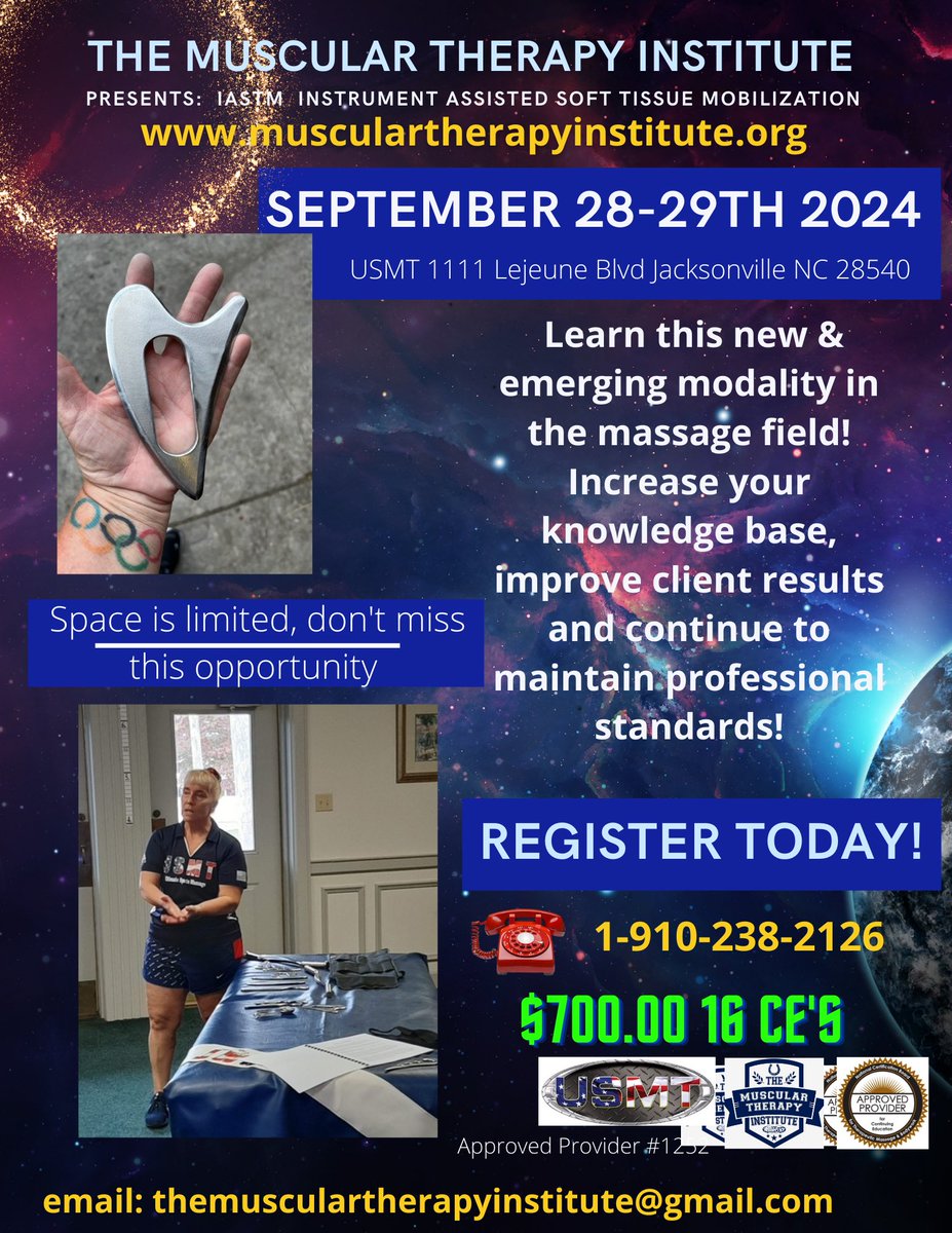 Last chance to register for the IASTM course specifically for MASSAGE THERAPISTS 
musculartherapyinstitute.org