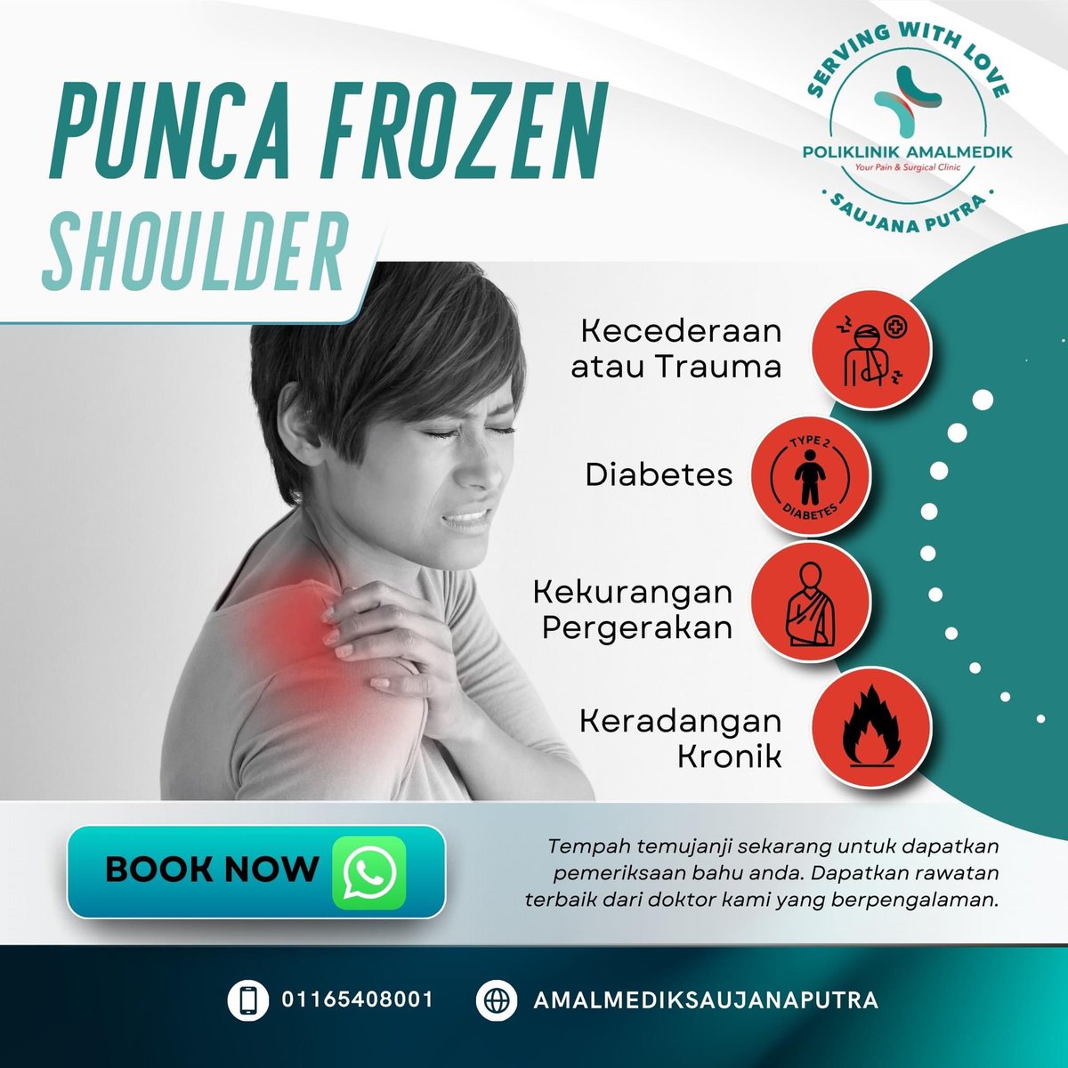 amalmedikBSP's tweet photo. PUNCA FROZEN SHOULDER

Frozen shoulder atau bahu kaku boleh disebabkan oleh pelbagai faktor. Beberapa punca dan faktor risiko yang berkaitan dengan perkembangan frozen shoulder

#amalmediksaujanaputra
#frozenshoulder
#sakitbahu https://t.co/Gqjo95rYlO