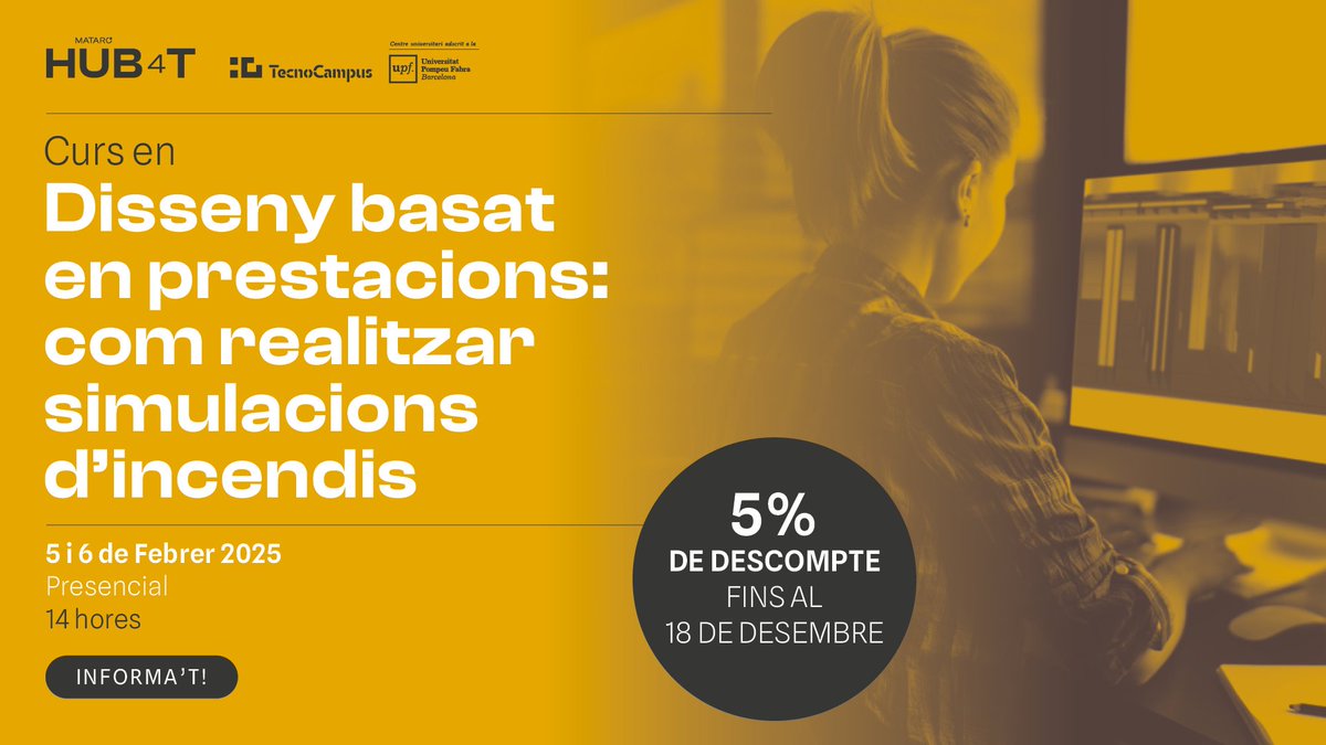 HUB4TecnoCampus's tweet photo. Forma't en #simulacions d'incendis i mesures de seguretat 🔥💻 i aprèn a desenvolupar mesures alternatives de protecció contra incendis i dissenyar solucions adaptades amb el curs de @TecnoCampus.
📅 Febrer 2025
⏰ 14 h
💥 5% de DTE fins al 18/12
⬇️
https://t.co/MpqwQ7jhBW https://t.co/Dn4y3Bf7i7