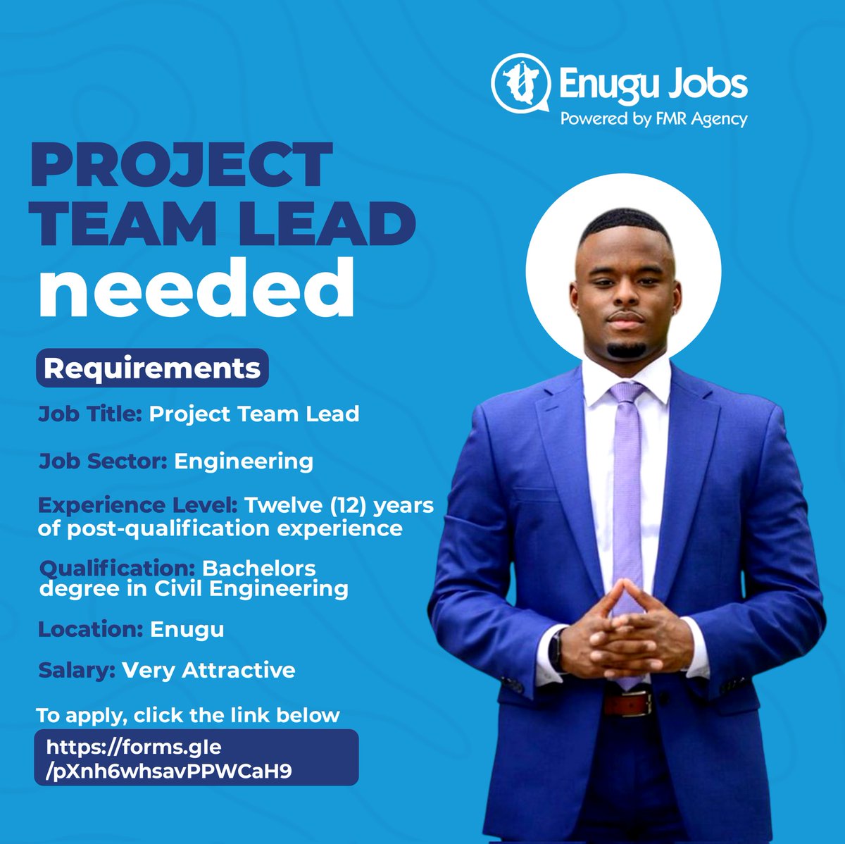 EnuguJobs's tweet photo. Our Client, a consultancy firm located in Enugu State and with offices in other parts of the country, needs a
PROJECT TEAM LEAD.

QUALIFICATION
The candidate must be experienced, resourceful, goal-oriented, and ambitious. 

Additionally, the candidate must possess:
Minimum of https://t.co/vCQXneKy3Z