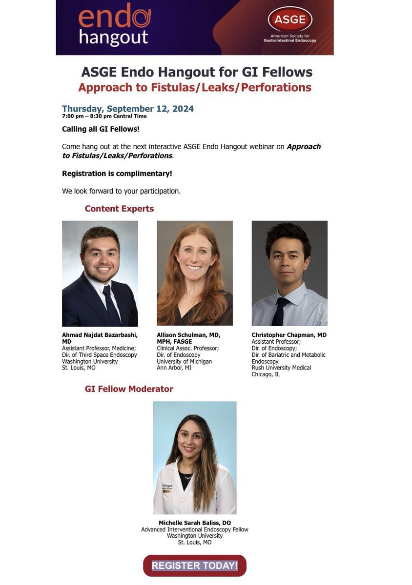 Michelle Baliss, DO (@balissmichelle) on Twitter photo 🚨 Don’t forget to tune in tonight for the Endo Hangout on the Approach to Fistulas, Leaks, and Perforations!
Excited to moderate the session and to learn from our 🌟 content experts <a href="/AhmadBazarbashi/">Ahmad Bazarbashi أحمد بازارباشي</a> <a href="/allie_schulman/">Allison Schulman MD, MPH</a> <a href="/ChrisChapmanMD/">Christopher Chapman</a> who will be sharing great cases!
Register 👇 🚨 Don’t forget to tune in tonight for the Endo Hangout on the Approach to Fistulas, Leaks, and Perforations!
Excited to moderate the session and to learn from our 🌟 content experts <a href="/AhmadBazarbashi/">Ahmad Bazarbashi أحمد بازارباشي</a> <a href="/allie_schulman/">Allison Schulman MD, MPH</a> <a href="/ChrisChapmanMD/">Christopher Chapman</a> who will be sharing great cases!
Register 👇