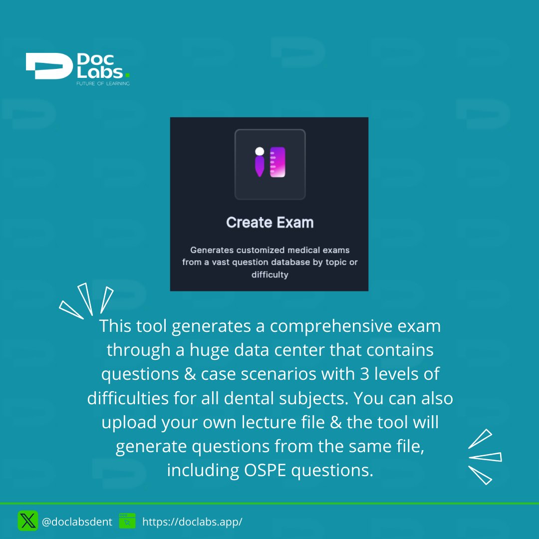 DocLabsDent's tweet image. Stay tuned &amp;amp; discover our AI tools.
 
Create exam tool🧠

@doclabsai 
#Dental
#AI
#طب_الاسنان 
#الذكاء_الاصطناعي