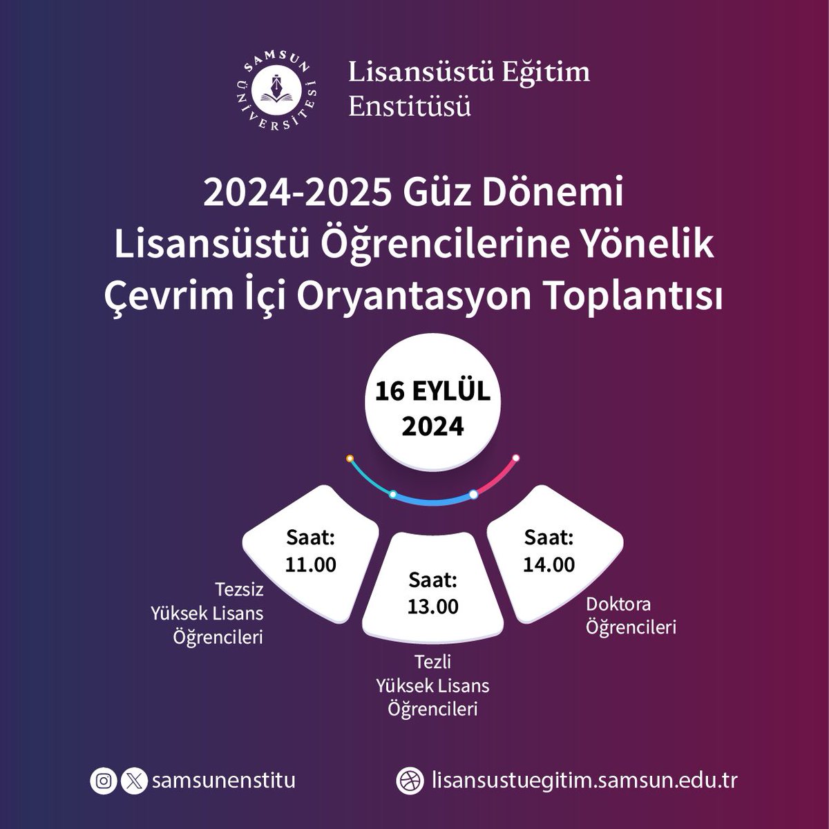 16 Eylül 2024 tarihinde Enstitümüzü yeni kazanan öğrencilerimiz için oryantasyon toplantısı yapılacaktır. Toplantı içeriği ve ayrıntılı bilgi için Enstitümüz web sitesini ziyaret edebilirsiniz.