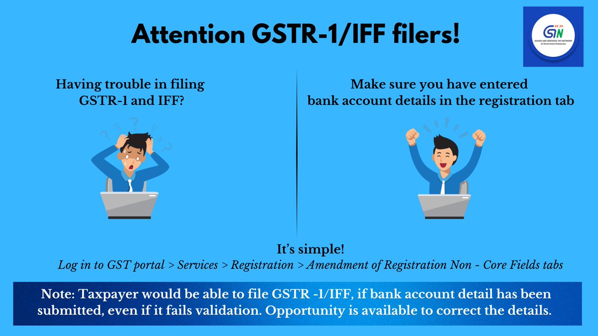 Infosys_GSTN's tweet image. 𝐅𝐚𝐜𝐢𝐧𝐠 𝐢𝐬𝐬𝐮𝐞𝐬 𝐰𝐡𝐢𝐥𝐞 𝐟𝐢𝐥𝐢𝐧𝐠 𝐆𝐒𝐓𝐑-𝟏 𝐚𝐧𝐝 𝐈𝐅𝐅? 𝐏𝐥𝐞𝐚𝐬𝐞 𝐞𝐧𝐬𝐮𝐫𝐞 𝐲𝐨𝐮𝐫 𝐁𝐚𝐧𝐤 𝐀𝐜𝐜𝐨𝐮𝐧𝐭 𝐝𝐞𝐭𝐚𝐢𝐥𝐬 𝐚𝐫𝐞 𝐮𝐩𝐝𝐚𝐭𝐞𝐝 𝐢𝐧 𝐭𝐡𝐞 𝐑𝐞𝐠𝐢𝐬𝐭𝐫𝐚𝐭𝐢𝐨𝐧 𝐭𝐚𝐛!

For details :- services.gst.gov.in/services/advis…

#GST #GSTN #GSTReturn…