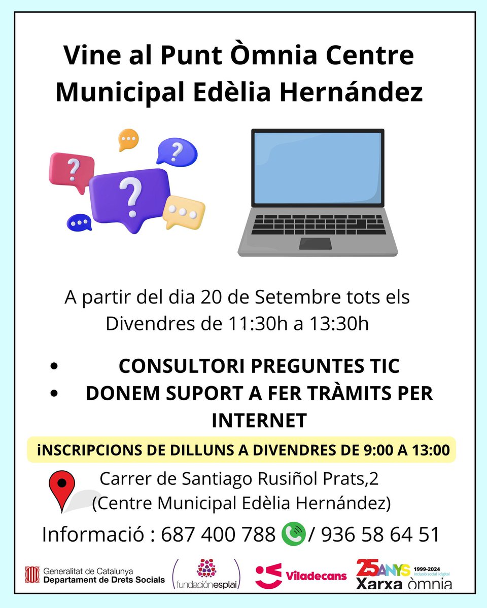 Puntomniaedelia's tweet photo. Vols fer una consulta relacionada amb les TIC o necessites acompanyament per fer un tràmit digital? els Divendres de 11:30h a 13:30 tenim aquest espai al Punt Òmnia Centre Municipal Edèlia Hernández.
@xarxaomnia https://t.co/GruXQw9wrv