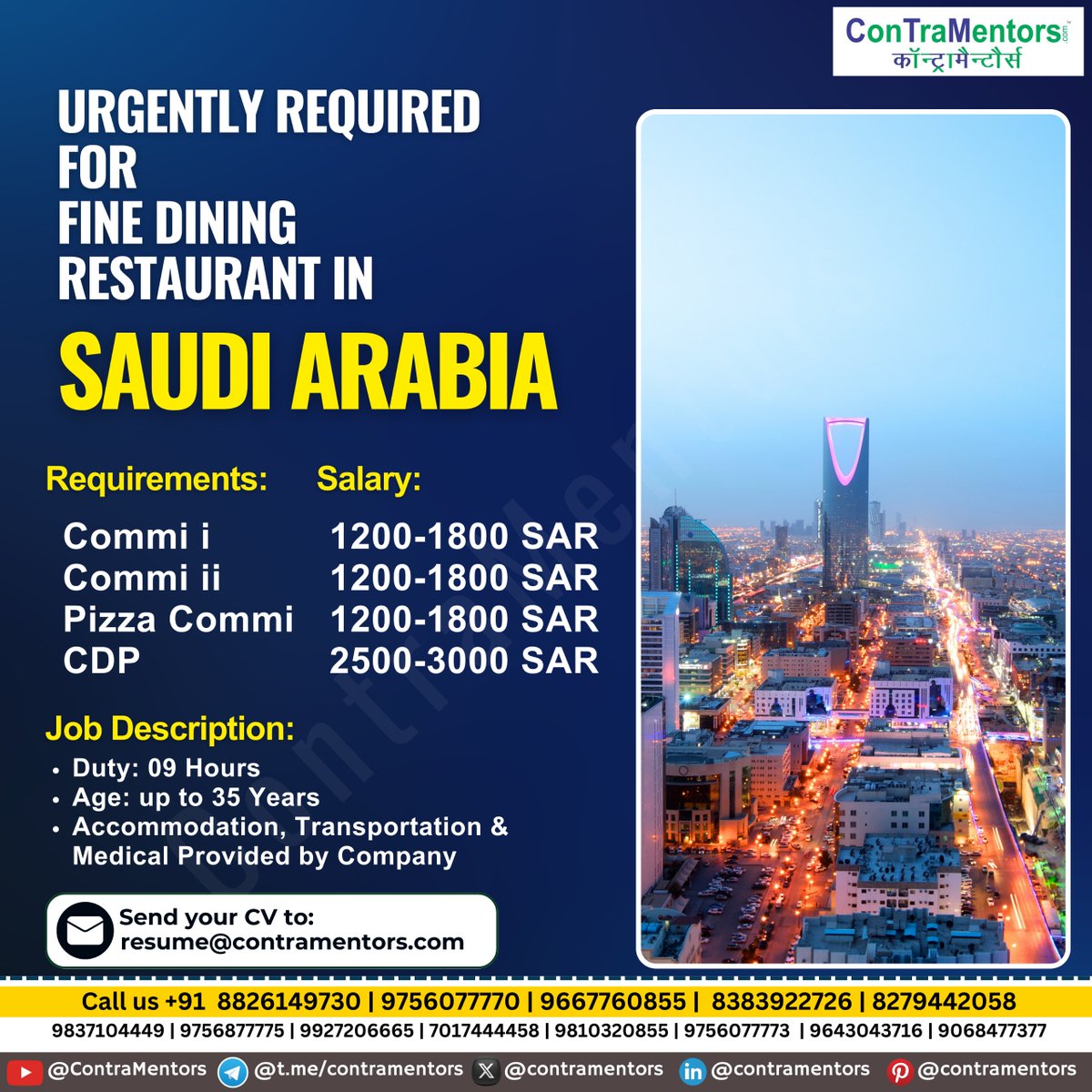 Urgent Hiring for #KSA  #SaudiArabia 

Good Salary, Accommodation and more Free Allowances

Contact Us for more details.

#HiringNow #jobsearch #jobabroad #contramentors #jobsoverseas #jobplacement #overseasjobs #career #twitterfiles #TwitterWorld #Twittercircle