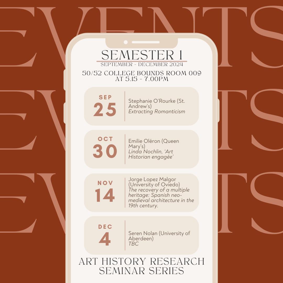 Get your diaries ready for the 2024-25 <a href="/abdn_arthistory/">Art History Aberdeen</a> Research Seminar Series! We've an exciting line-up of speakers for the upcoming term, with more to follow in the new year.
Our first speaker, Dr Stephanie O'Rourke (St Andrews) <a href="/sorourke15/">Stephanie O'Rourke sorourke25.bsky.social</a> joins us on 25 September!