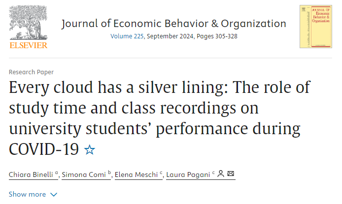 #econtwitter   Happy to share that our paper on the effects of Covid19 on university students' performance is now out on the Journal of Economic Behavior&amp; Organization! You can find the paper here:  doi.org/10.1016/j.jebo… <a href="/unimib/">Università degli Studi di Milano-Bicocca</a> <a href="/dems_unimib/">Dept. Economics, Management & Statistics - Unimib</a> <a href="/CefesCenter/">CefES Research Center</a>