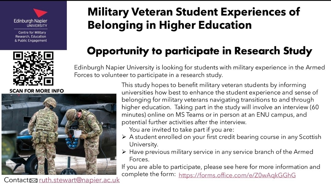 Are you an HE student with military experience? Working in a role that involves supporting this group? See below for info on my PhD student <a href="/RuthieStewart24/">Ruthie_Stewart</a>'s fantastic project to explore sense of belonging in HE for veteran students. Please RT widely or consider participating!