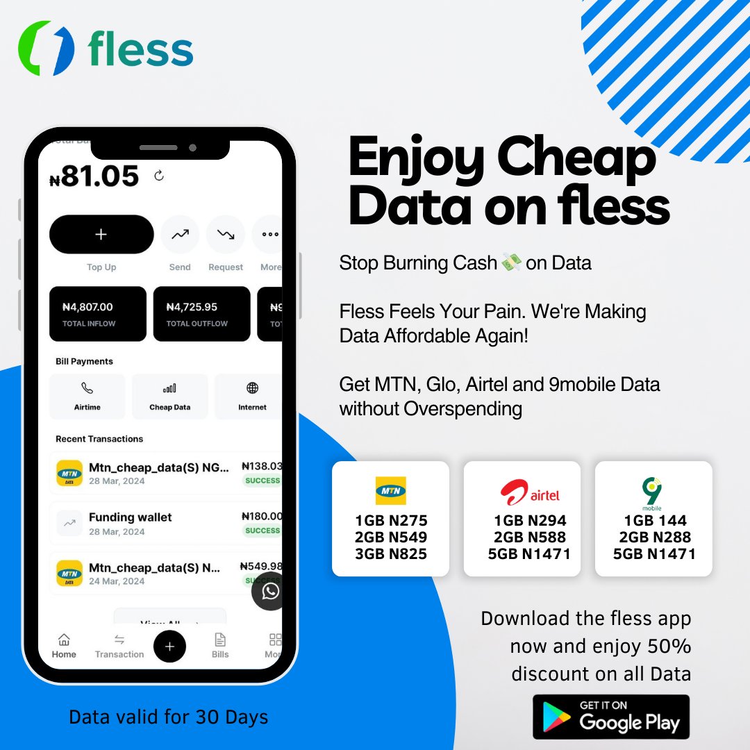 flessHQ's tweet photo. Fless CheapData - the smarter way to get high-speed data without the insane price tag. Our exclusive cheap data bundles slash rates by up to 50% across all major networks like MTN, Glo, Airtel and more. https://t.co/vg9HF2UYSJ
